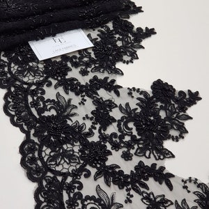 Beaded black lace trimming, Sequin lace, Pearl lace, Chantilly lace, French lace, Bridal lace, Wedding lace, Embroidered lace EEV2103 image 2