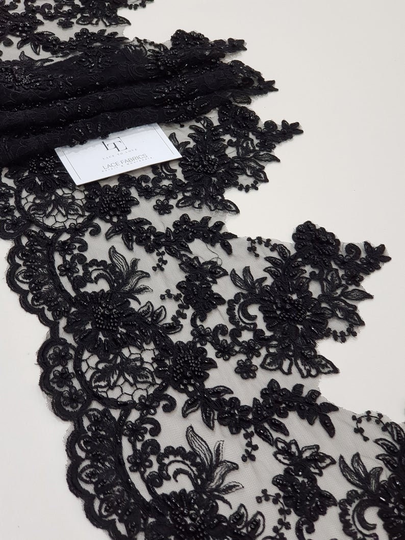 Beaded black lace trimming, Sequin lace, Pearl lace, Chantilly lace, French lace, Bridal lace, Wedding lace, Embroidered lace EEV2103 image 2