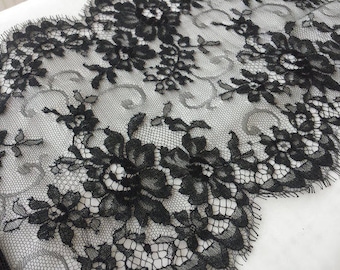 Black Lace Trim, Sophie Hallette Lace, Chantilly Lace, French Lace, Bridal lace, Wedding Lace, Scalloped lace, Evening dress lace, LF2023