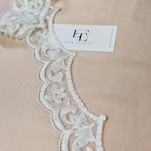 Perlen ivory Spitzenbesatz, Paillettenspitze, Perlenspitze, Chantillyspitze, Französische Spitze, Brautspitze, Hochzeitsspitze, Gestickte Spitze, EEV2157