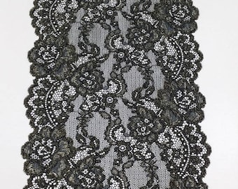 Black Gold Chantilly Lace Trim: Scalloped Eyelash Bridal Border