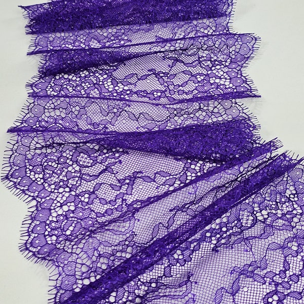 Lilac French Chantilly eyelash lace trimming by the yard, purple lace decoration ribbon, violet haberdashery lace trim, L7883