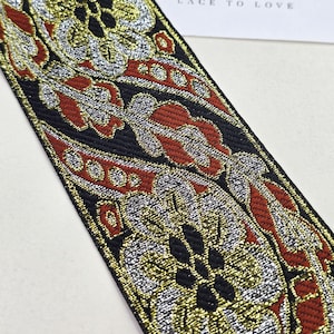 Geborduurd lint, zwart lint met bruin, goud en zilver glanzend bloemenborduurwerk, verkocht per meter, V012