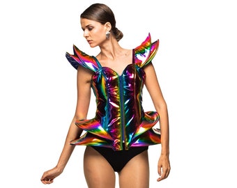 Sci-Fi Corset Corsetto Colore Faux Leather Rainbow Colors Burlesque Diva Singer High End Stage Wear Burning Man Outfit Custom-Made