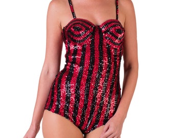 Sequin Leotard Roja Negra Diva Singer Body Burlesque Showgirl High End Stage Wear Custom-made Outfit