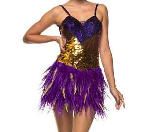 Vegas Feather Dress Oro Lila Rio Carnival Outfit Sequin Feather Costume Robe Plume Custom-Made