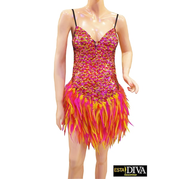 Samba Feather Dress Fiery Generosa Vegas Showgirl Rio Carnival Fire Outfit Custom-Made