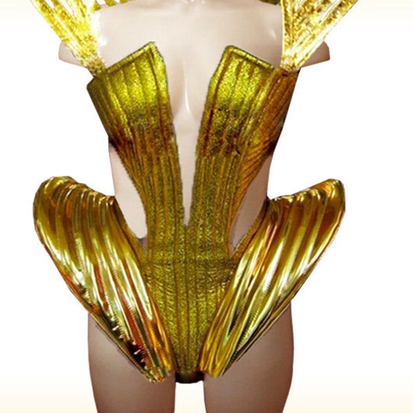 Science Fiction Outfit Gaga Gold Extravagantes Futuristisch Faux Leder Korsett maßgeschneidert