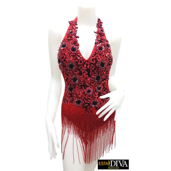 Fransen Bodysuit Kleid Cher Rouge Spitzen Paillettenapplikationen Leotard Singer Outfit maßgeschneidert