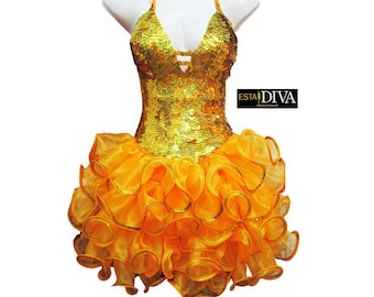Showgirl Dress Garde Gold Vegas Can-Can Sequin Organza Outfit Custom-Made