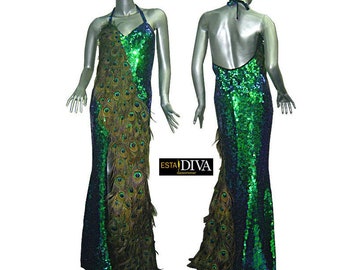 Peacock Feather Dress Diva Pavone Sequin Dance Outfit Custom-Made