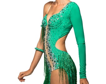 Latin Ballroom Dress Abito Da Ballo Latino Dancesport Beaded Fringe  Custom-made 