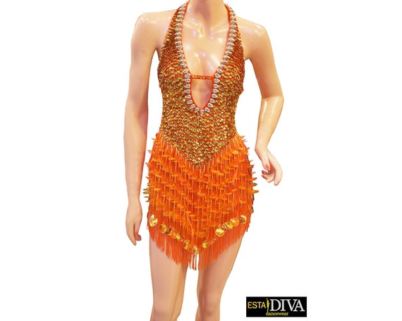 Latin Fringe Dress Abito Frangia Latina Salsa Dancesport Singer Showgirl  Outfit Custom-made 