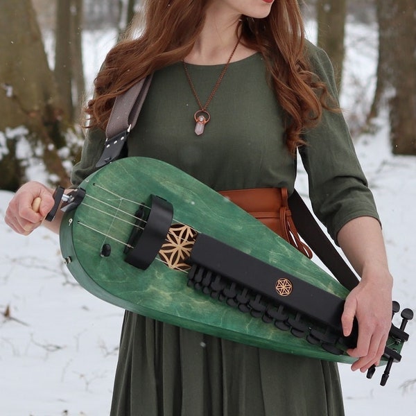Fairy Green colour Long scale hurdy gurdy with a trompette (buzzing bridge) / wheel lyre / vielle a roue / Fairygurdies