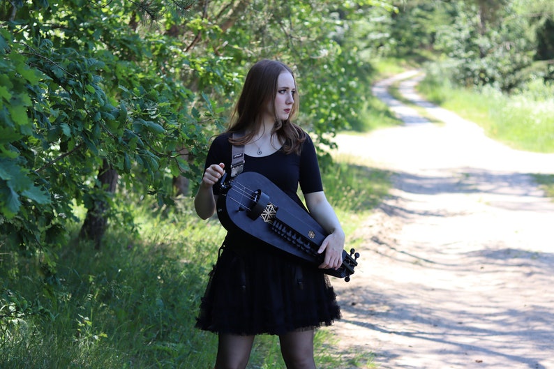 Black colour Long scale hurdy gurdy with a trompette buzzing bridge / wheel lyre / vielle a roue / Fairygurdies image 3
