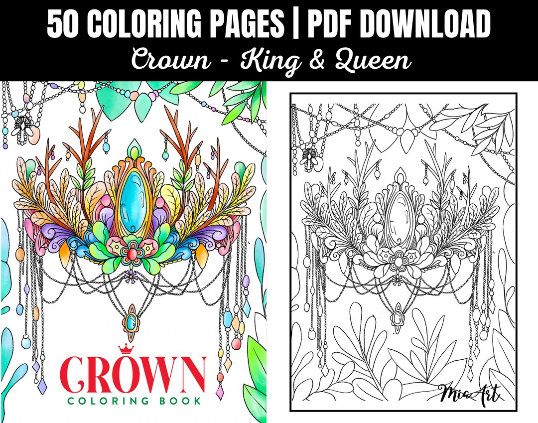 Crown King and Queen 50 Printable Coloring Page, Instant Download PDF