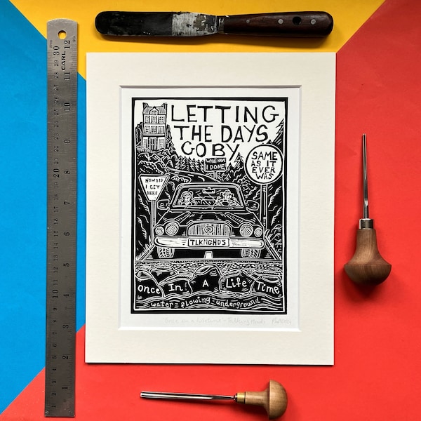 Once in a Lifetime by Talking Heads. 8" x 10" linocut print by Pamela Scott. Song Lyrics. Remain in Light. David Byrne. Brian Eno. New Wave