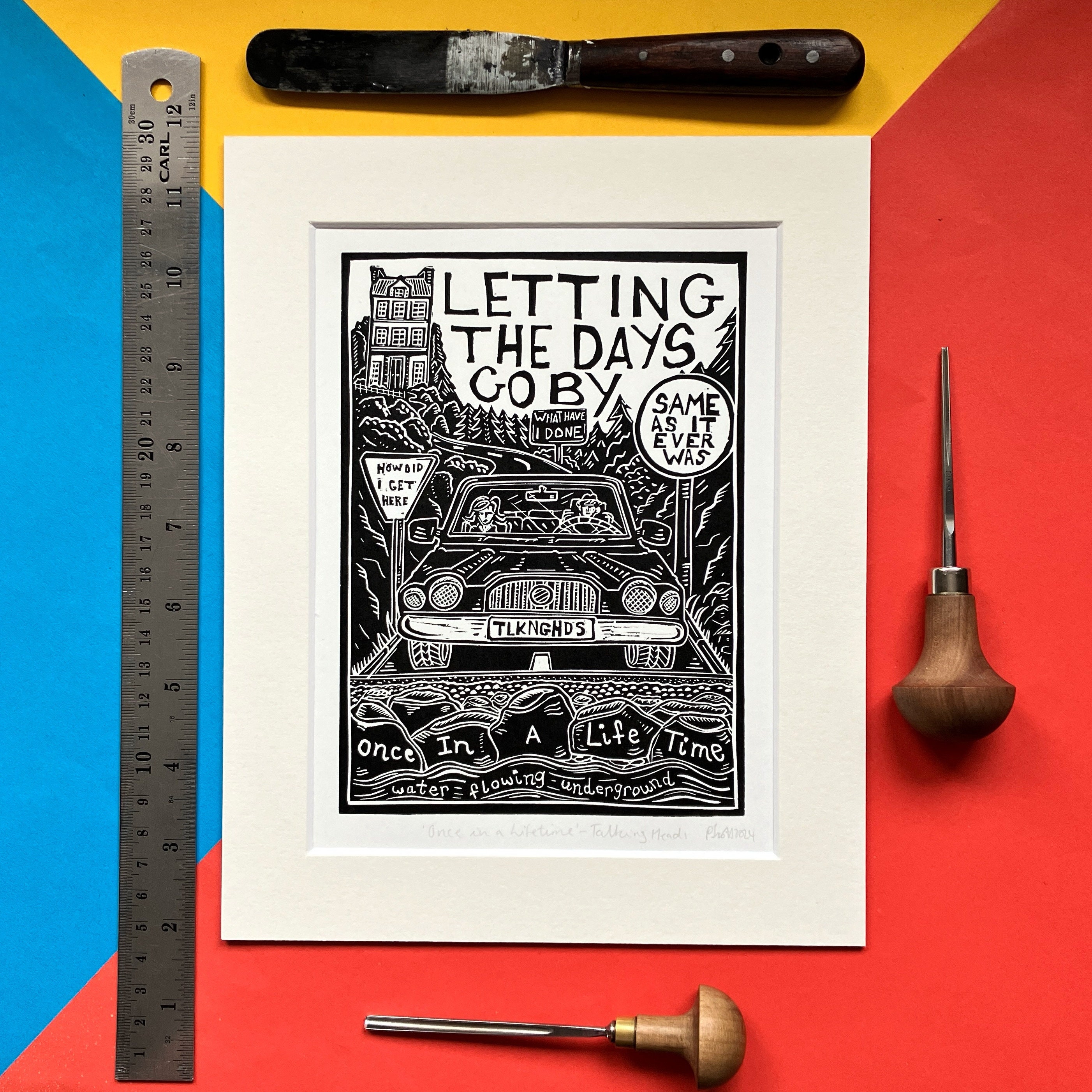 Once in a Lifetime by Talking Heads. 8" x 10" linocut print by Pamela Scott. Song Lyrics. Remain in Light. David Byrne. Brian Eno. New Wave