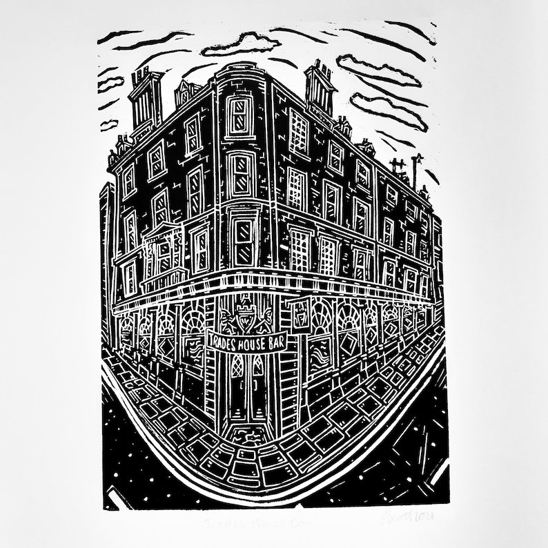 Trades. 10 x 12 linocut print by Pamela Scott Dundee Boozer Pub Local Trades House Bar