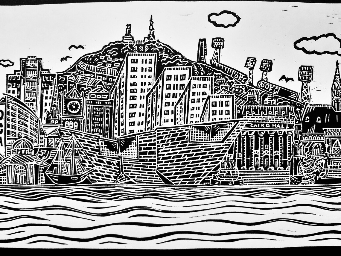 Dundee Landmarks. A3 linocut print by Pamela Scott. Dundee. Etsy