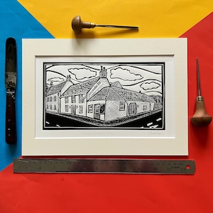 Kinneuchar Inn. A4 linocut print by Pamela Scott. Kilconquhar. East Neuk. Fife. Scotland. Pub. Restaurant.17th Century Inn.Balcaskie Estate.