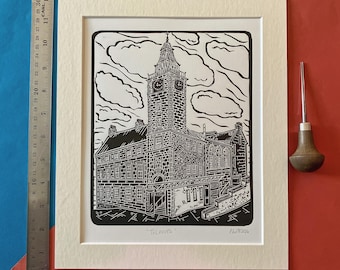 Tolbooth. Grabado en linóleo de 25 x 30 cm realizado por Pamela Scott. Stirling, Escocia.
