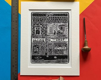Common People by Pulp. 8" x 10" linocut print by Pamela Scott. Different Class. Jarvis Cocker. 90's song. Flat. Hairdresser. Shop.