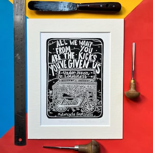 Motorcycle Emptiness by Manic Street Preachers. 10" x 8" linocut print by Pamela Scott. Linocut lyrics. Song lyrics. Under Neon Lonliness.