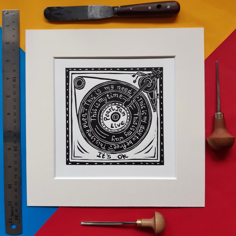 Daughter Eddie Vedder It/'s Okay 10 x 10 linocut print by Pamela Scott Vinyl. Dead Moon cover Record Player It/'s ok Pearl Jam live