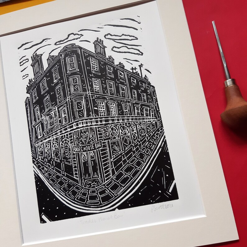 Trades. 10 x 12 linocut print by Pamela Scott Dundee Boozer Pub Local Trades House Bar