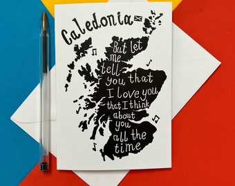 Caledonia Card. linocut print by Pamela Scott. Greetings Card. Dougie MacLean. Song. Scotland. Thank you. Birthday. Valentines. Fathers day.