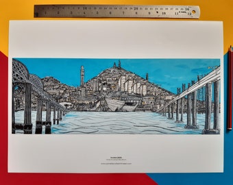 Dundee. Pintura del horizonte de Dundee realizada por Pamela Scott. Impresiones fotográficas de alta calidad disponibles en tamaños A2 y A3.