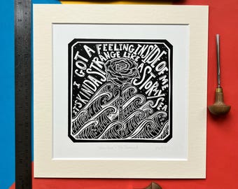 New Rose by The Damned. 10" x 10" linocut by Pamela Scott. Song Lyrics. Damned Damned Damned. Dave Vanian. Brian James. Punk. Stiff records