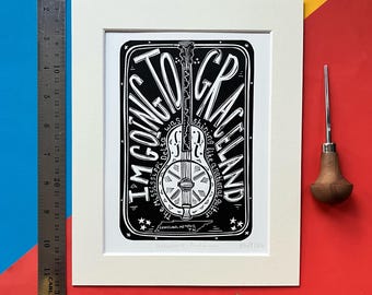 Graceland by Paul Simon. 8" x 10" linocut print by Pamela Scott. Song Lyrics. National Guitar. The Mississippi Delta. Memphis. Tennessee