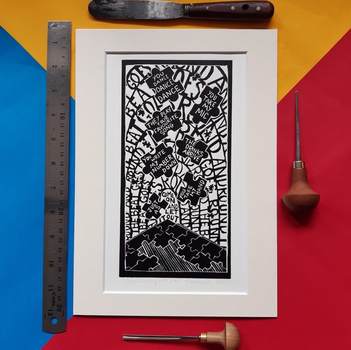 Jigsaw Falling Into Place by Radiohead. A4 Linocut Print by Etsy