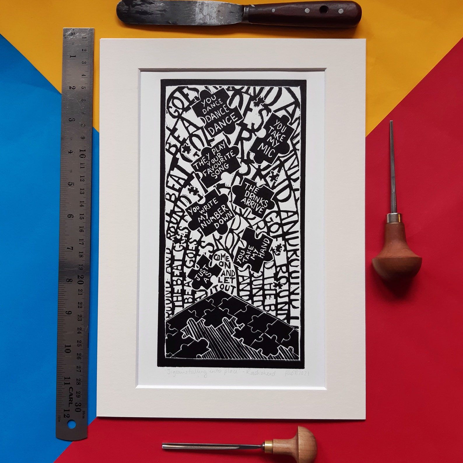 Jigsaw Falling Into Place by Radiohead. A4 Linocut Print by Etsy