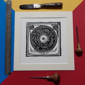 Cigarettes and Saints by The Wonder Years. 10" x 10" Linocut print by Pamela Scott inspired by the song from 2015 album No Closer to Heaven.