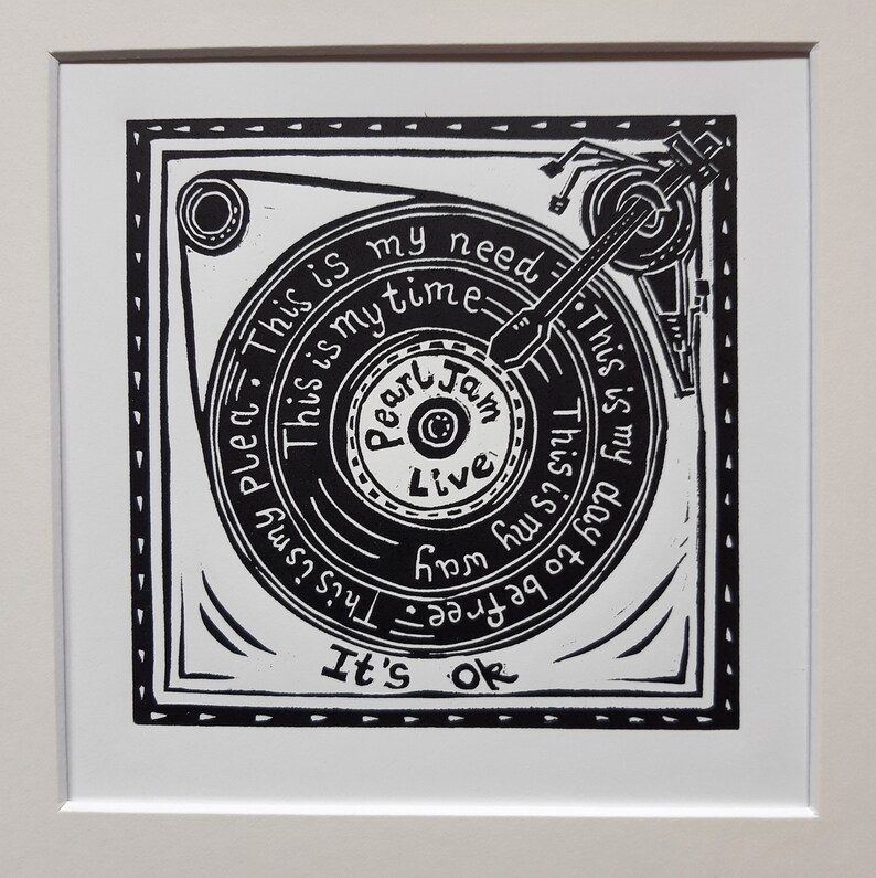 Daughter Eddie Vedder It/'s Okay 10 x 10 linocut print by Pamela Scott Vinyl. Dead Moon cover Record Player It/'s ok Pearl Jam live