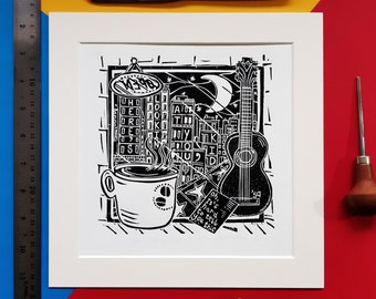 Aquí te miro, niño, de The Gaslight Anthem. Impresión en linograbado de 25 x 25 cm de Pamela Scott inspirada en la canción de Soundtrack del 59.