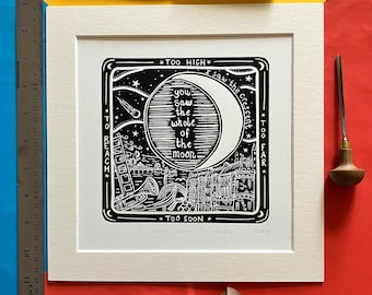 The Whole of the Moon by The Waterboys. 10" x 10" linocut print by Pamela Scott. Song lyrics. This is the Sea. Mike Scott.I saw the crescent
