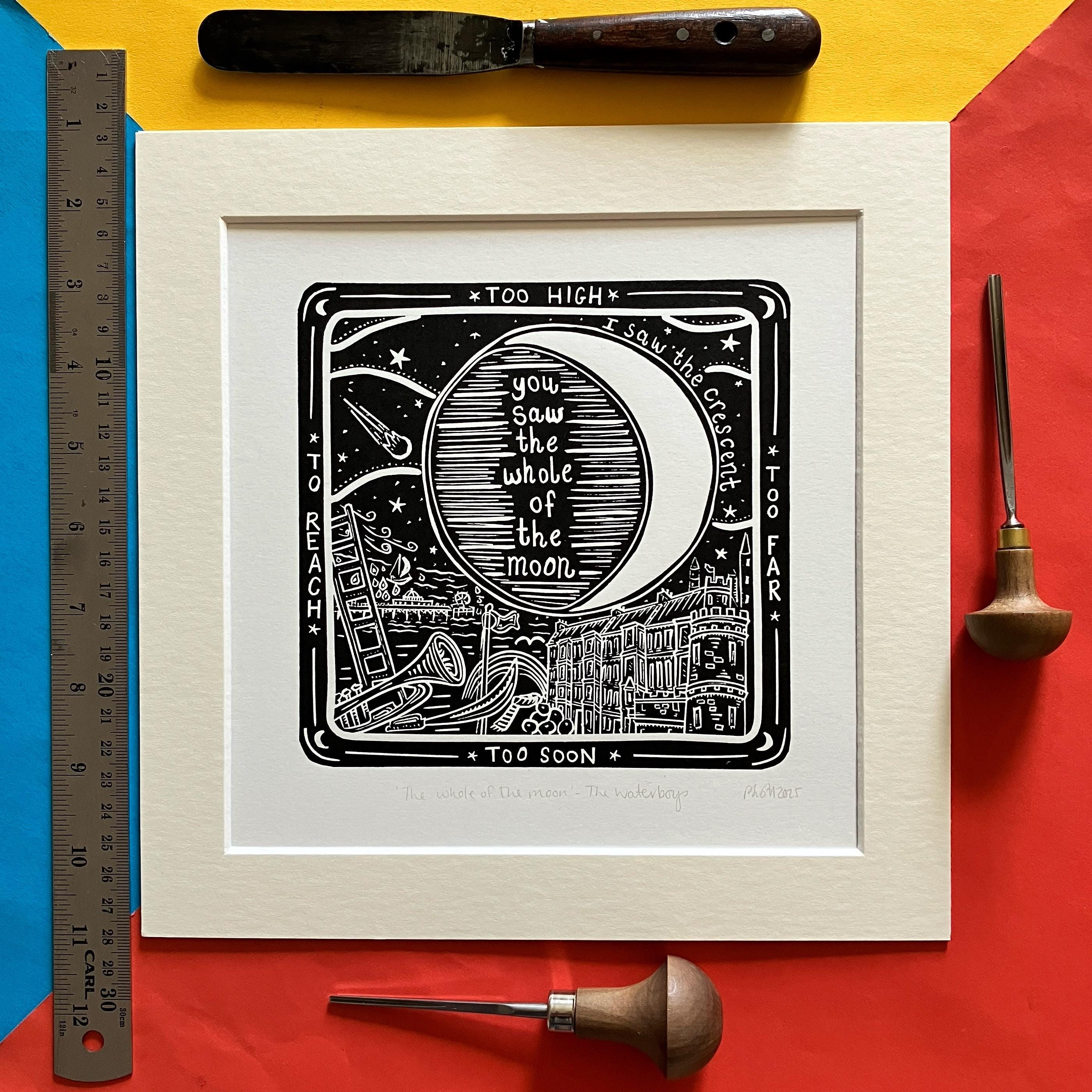 The Whole of the Moon by The Waterboys. 10" x 10" linocut print by Pamela Scott. Song lyrics. This is the Sea. Mike Scott. I saw the crescent