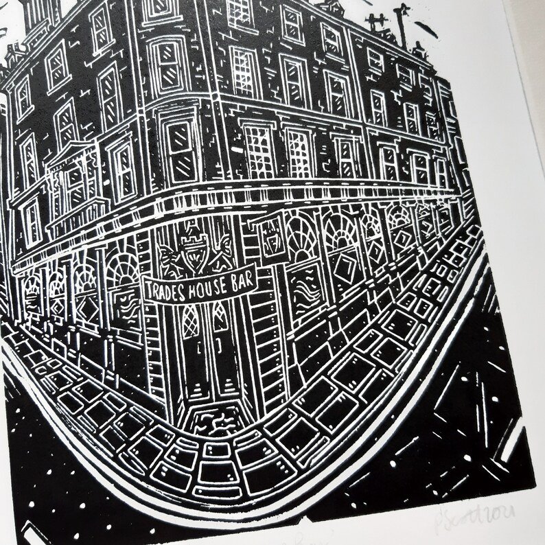 Trades. 10 x 12 linocut print by Pamela Scott Dundee Boozer Pub Local Trades House Bar