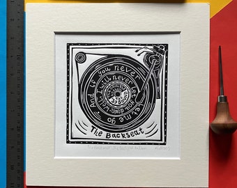 The Backseat by The Gaslight Anthem. 10" x 10" linocut print by Pamela Scott. Song Lyrics, Record Player. The '59 Sound. Brian Fallon.