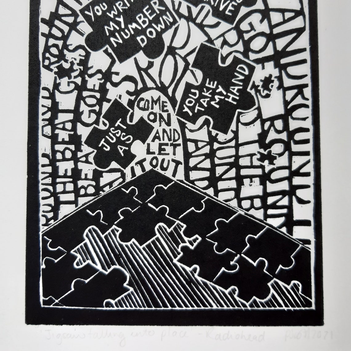 Jigsaw falling into place by Radiohead. A4 linocut print by Etsy