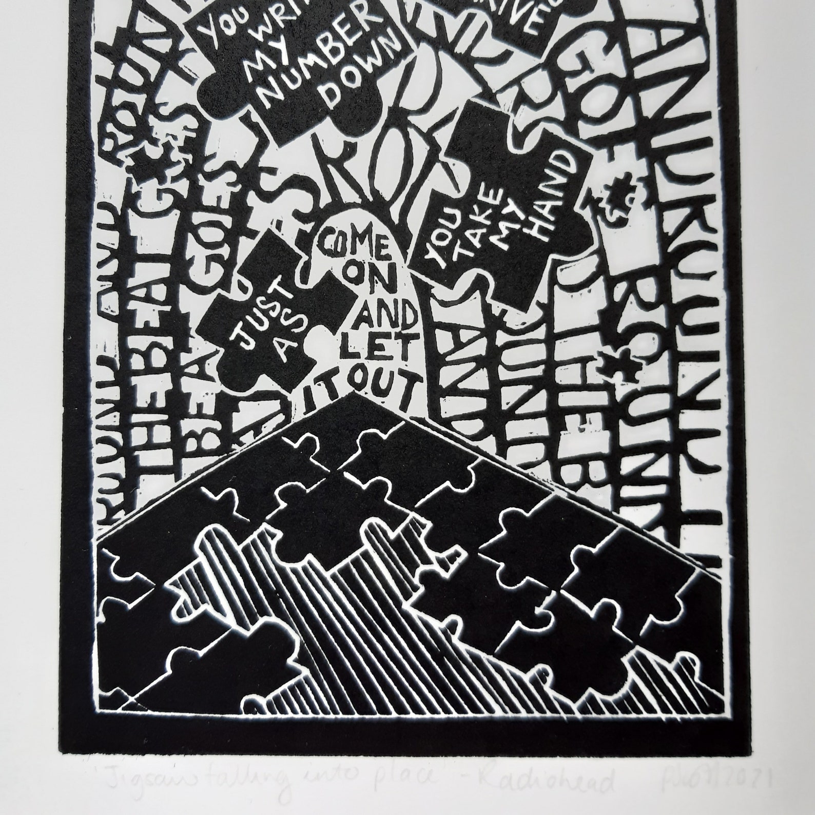 Jigsaw Falling Into Place by Radiohead. A4 Linocut Print by Etsy