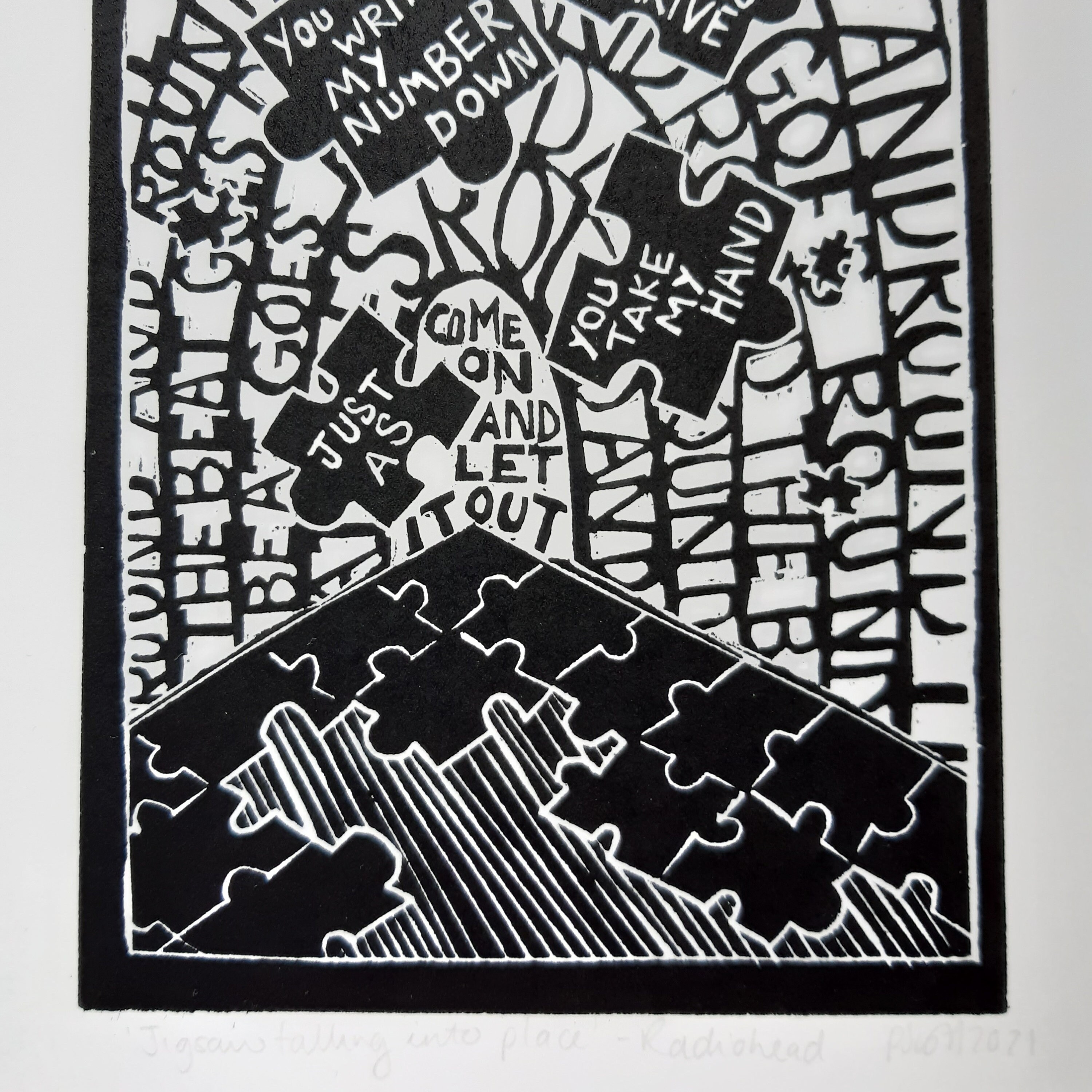 Jigsaw Falling Into Place by Radiohead. A4 Linocut Print by Etsy UK