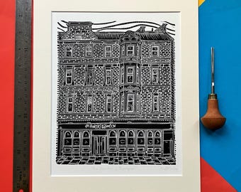 The Hunter S Thompson. 10" x 12" limited edition linocut print by Pamela Scott. Pub. Bar. Dundee. Perth Road. The Maker. Drouthy Neebors