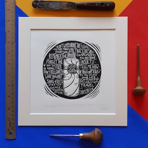 May include: Black and white linocut print of a sun screen bottle with text that reads "Don't worry about the future. Do one thing every day that scares you. Remember the compliments you receive. Forget the insults. Wear sun screen. Tell me how. If you don't know what to do with your life. Get plenty of calcium. Travel. Sunscreen."