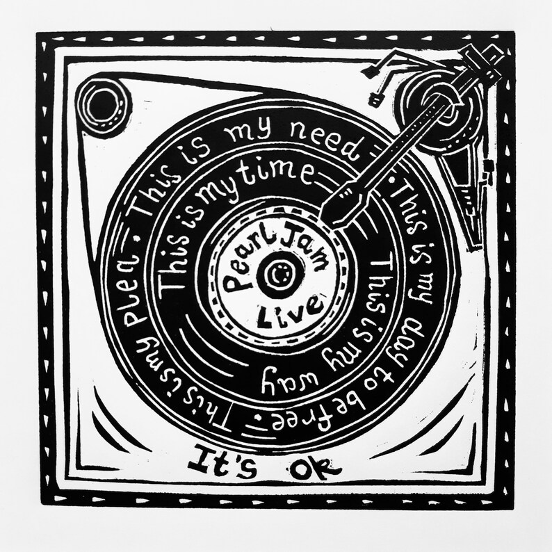 Daughter Eddie Vedder It/'s Okay 10 x 10 linocut print by Pamela Scott Vinyl. Dead Moon cover Record Player It/'s ok Pearl Jam live