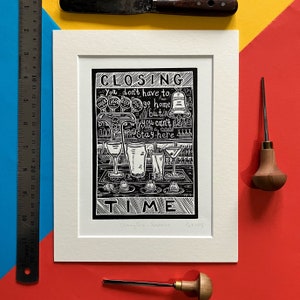 Closing Time by Semisonic. 8&quot; x 10&quot; linocut print by Pamela Scott. Feeling Strangely Fine.drinks.beers.cocktails.shots.bar.pub.last orders